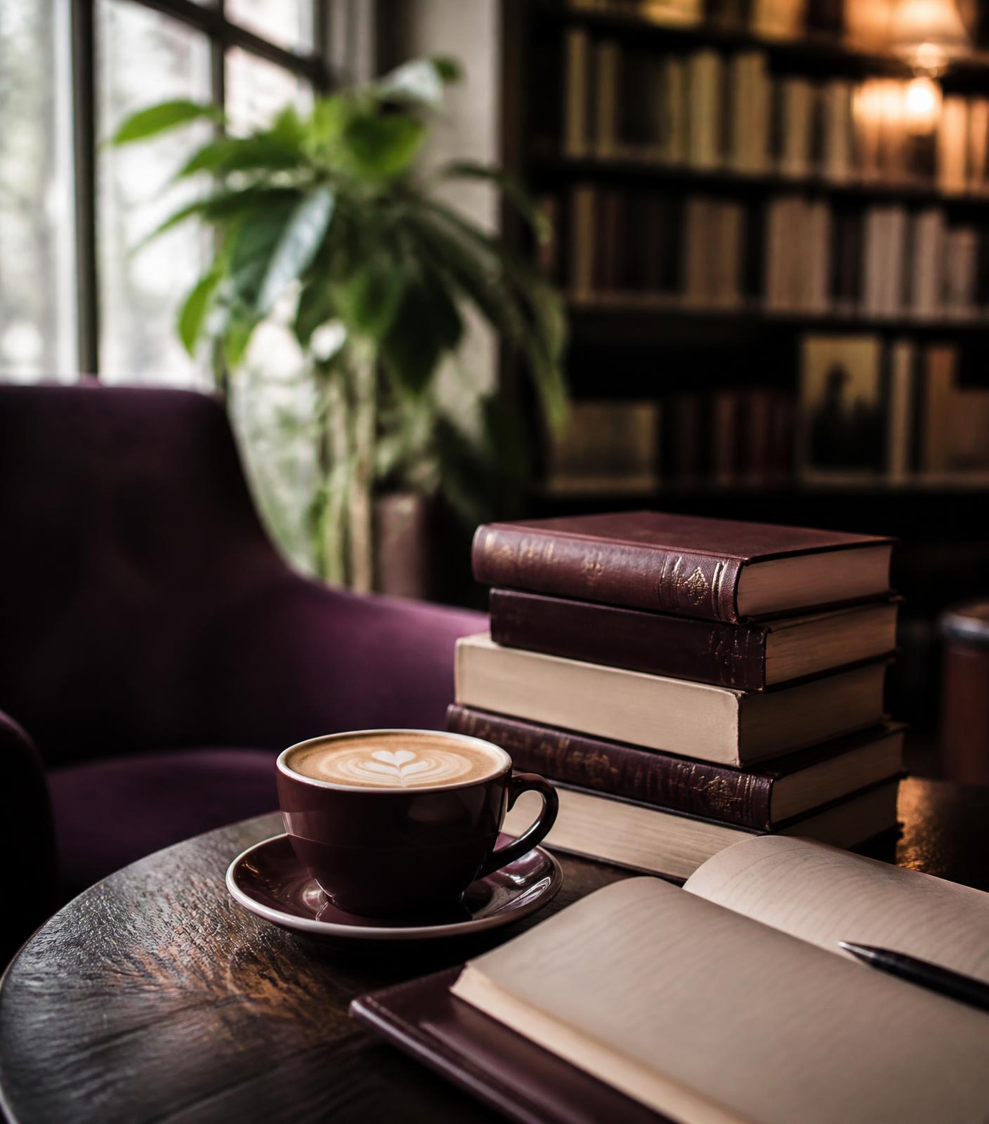A cappuccino beside a stack of books and an open notebook in a warm, book-lined café